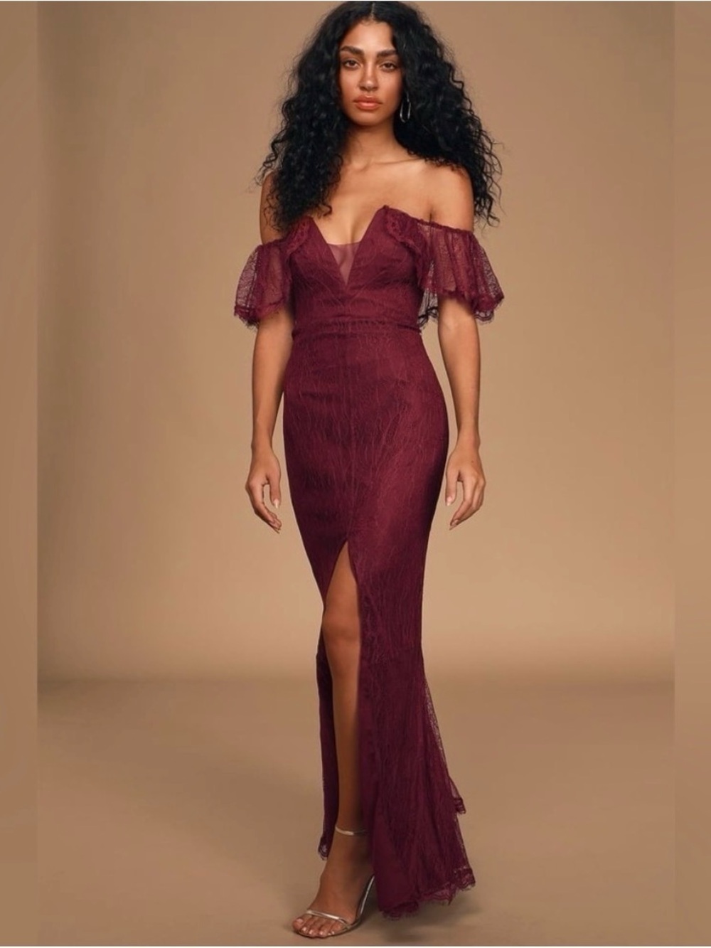Lulus Caught In a Daydream Burgundy Lace Off-the-Shoulder Maxi Dress size XL